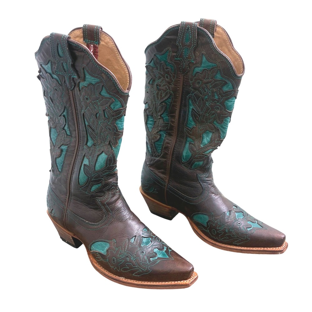 Twisted X Western Leather Boots Womens 7.5B Brown Turquoise Floral Snip Toe